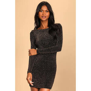 Lulus Gift Of Love Black And Gold Backless Long Sleeve Bodycon Dress - Size S